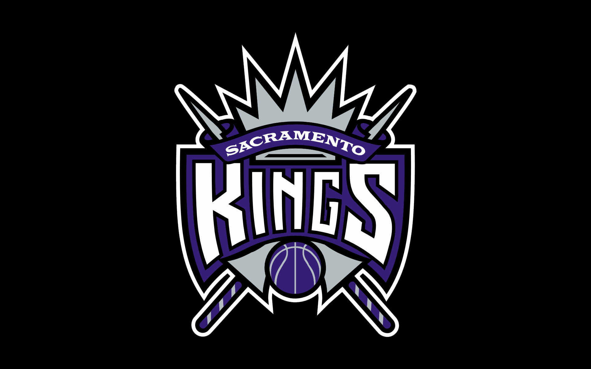 Sacramento 桌布 壁紙 — 黑色背景上帶有皇冠和交叉劍的沙加緬度國王籃球標誌。