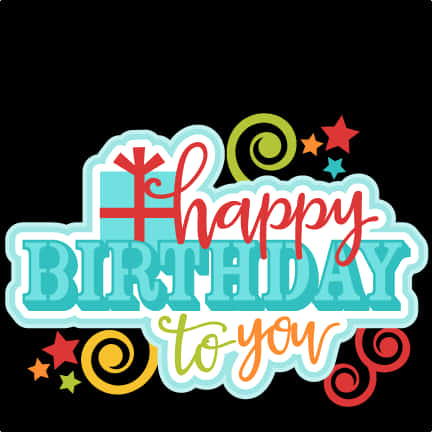 Happy Birthday Text 桌布 壁紙 — 黑色背景上帶有禮物盒、漩渦和星星的彩色生日祝福。