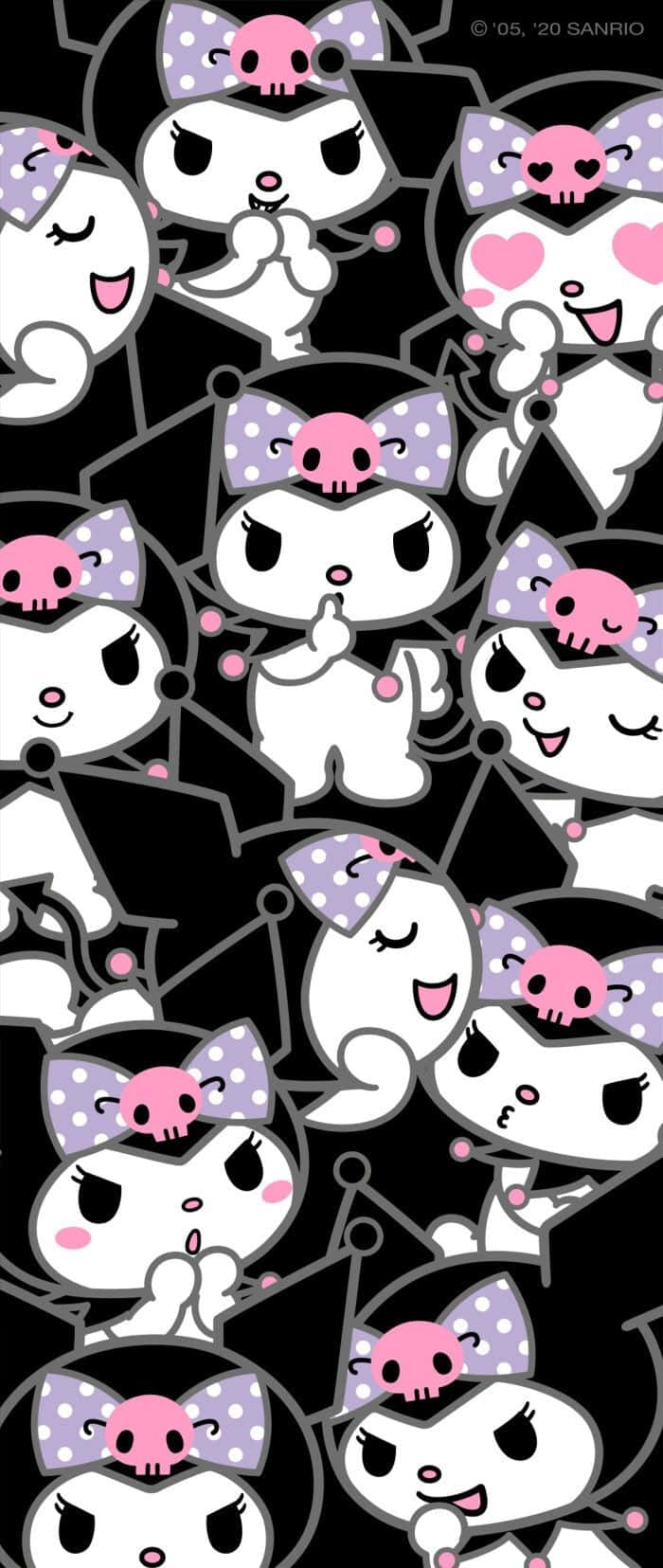 Emo Hello Kitty 桌布 壁紙 — 黑色背景上帶有粉紅色骷髏蝴蝶結的Kuromi角色重複圖案。