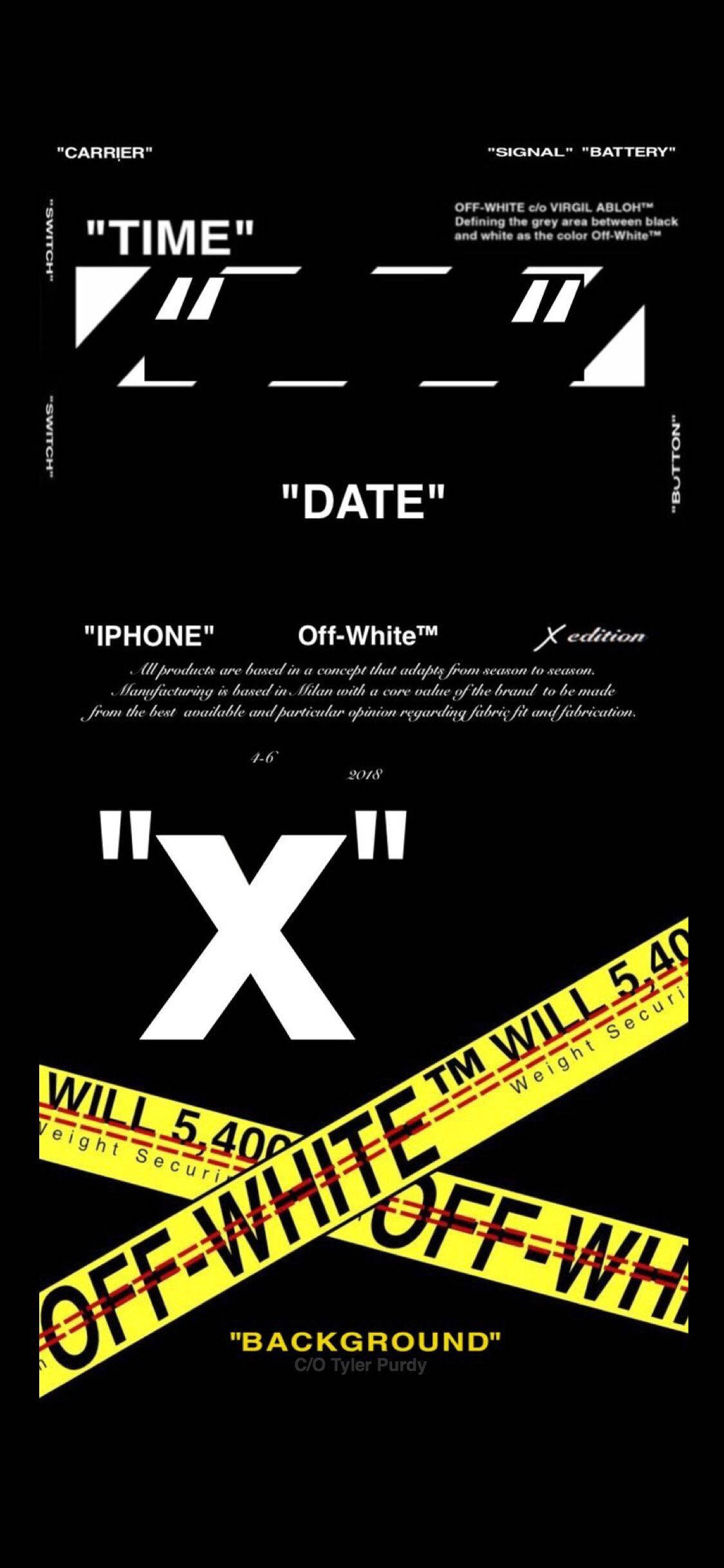 Off White Logo 桌布 壁紙 — 黑色背景上帶有粗體白色文字和黃色警示膠帶圖案，並帶有 Off-White 品牌標識。