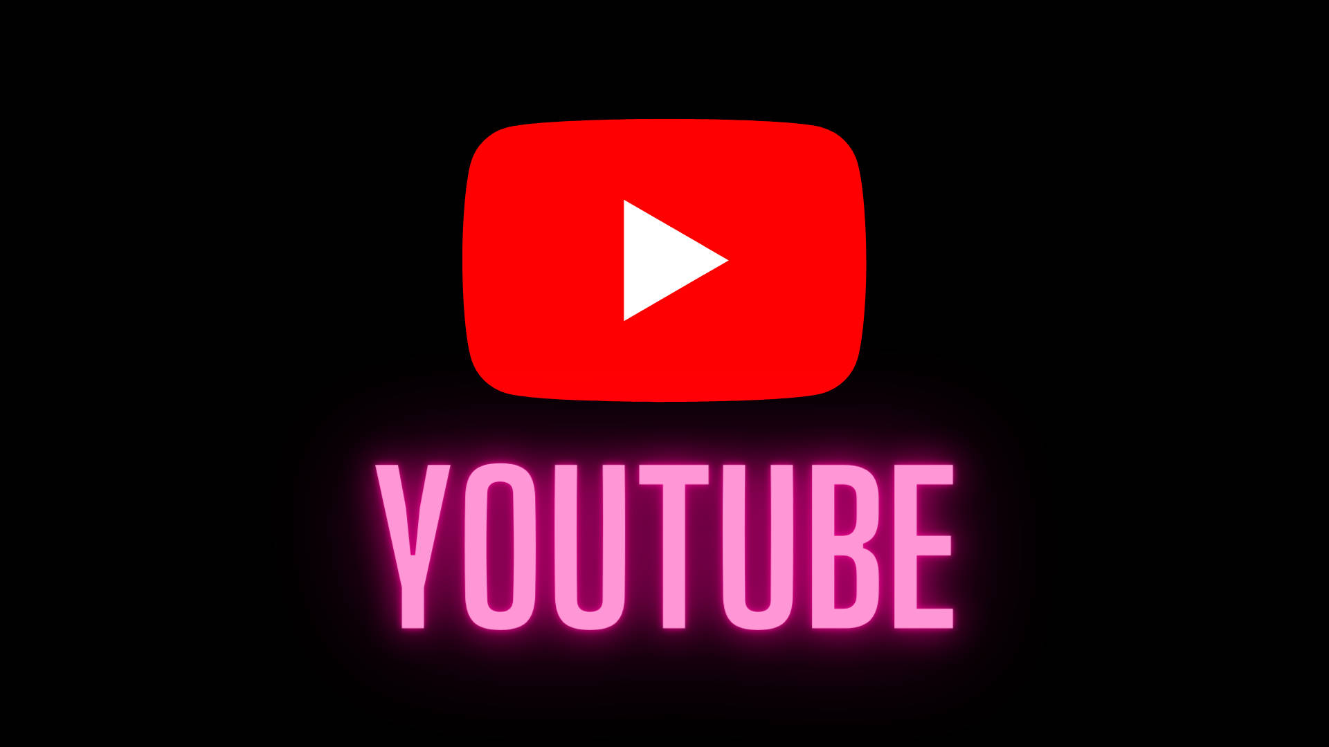 YouTube 標誌 桌布 壁紙 — 黑色背景上帶有紅色播放按鈕的發光粉紅色YouTube標誌。