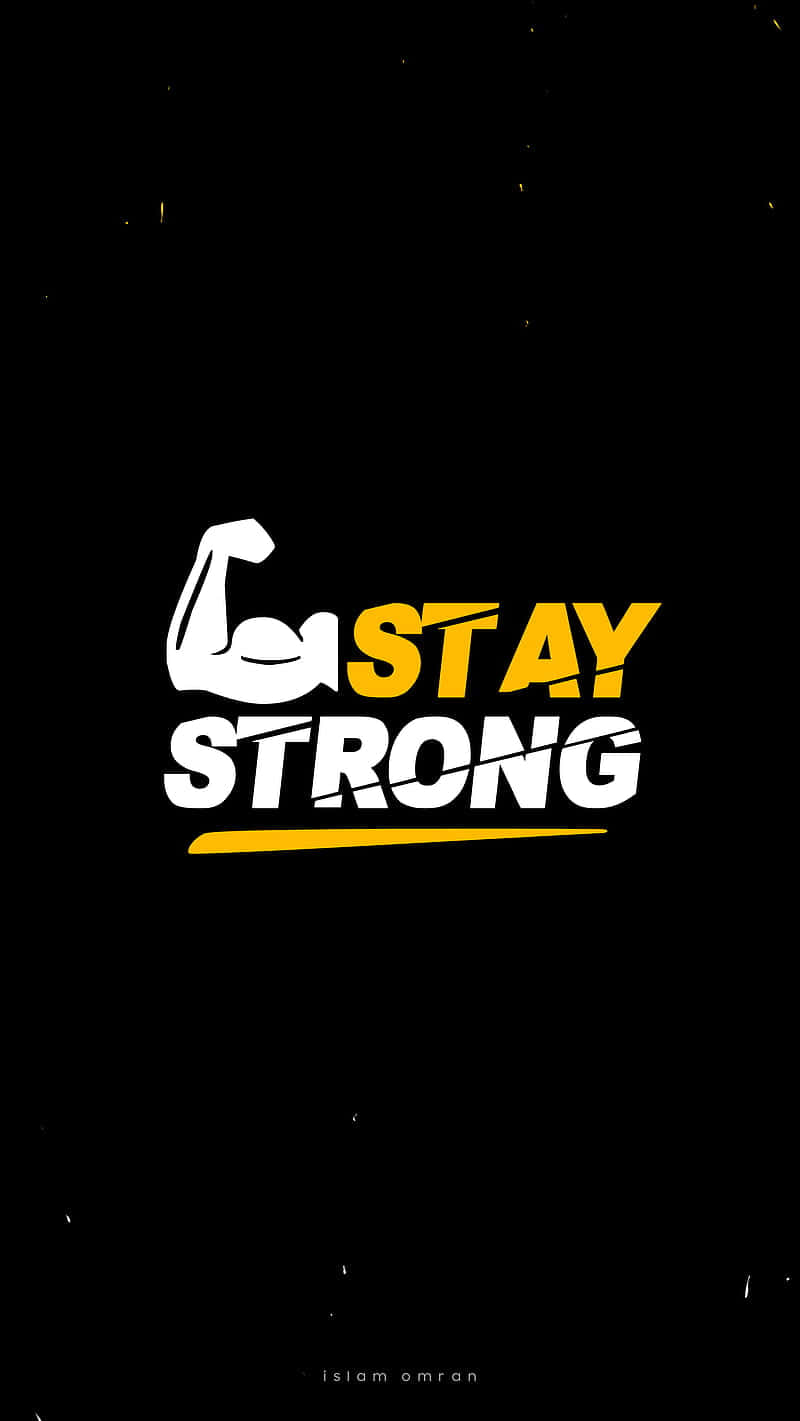 strength 桌布 壁紙 — 黑色背景上帶有細微斑點，粗體白色和黃色的「STAY STRONG」文字和彎曲二頭肌圖示。