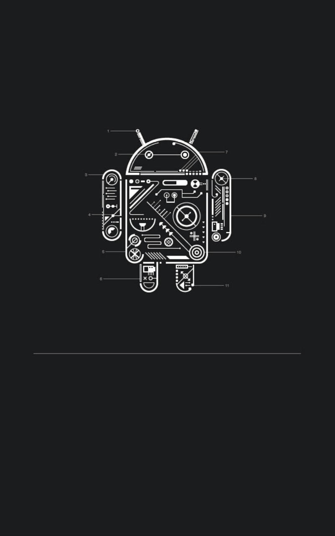 黑色 桌布 壁紙 — 黑色背景上帶有編號標註的Android機器人吉祥物白色技術藍圖。