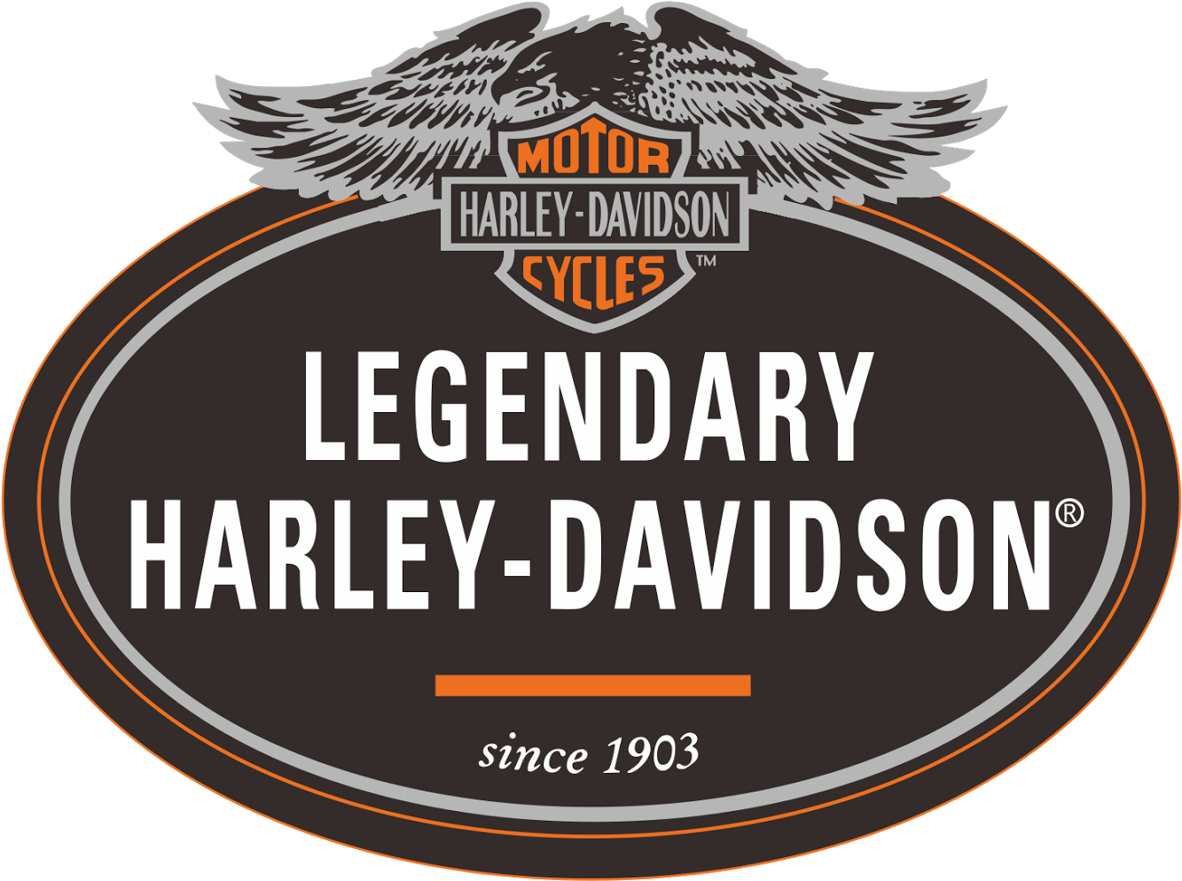 哈雷戴維森標誌 桌布 壁紙 — 黑色背景上帶有翅膀和文字「Legendary Harley-Davidson since 1903」的Harley-Davidson標誌。