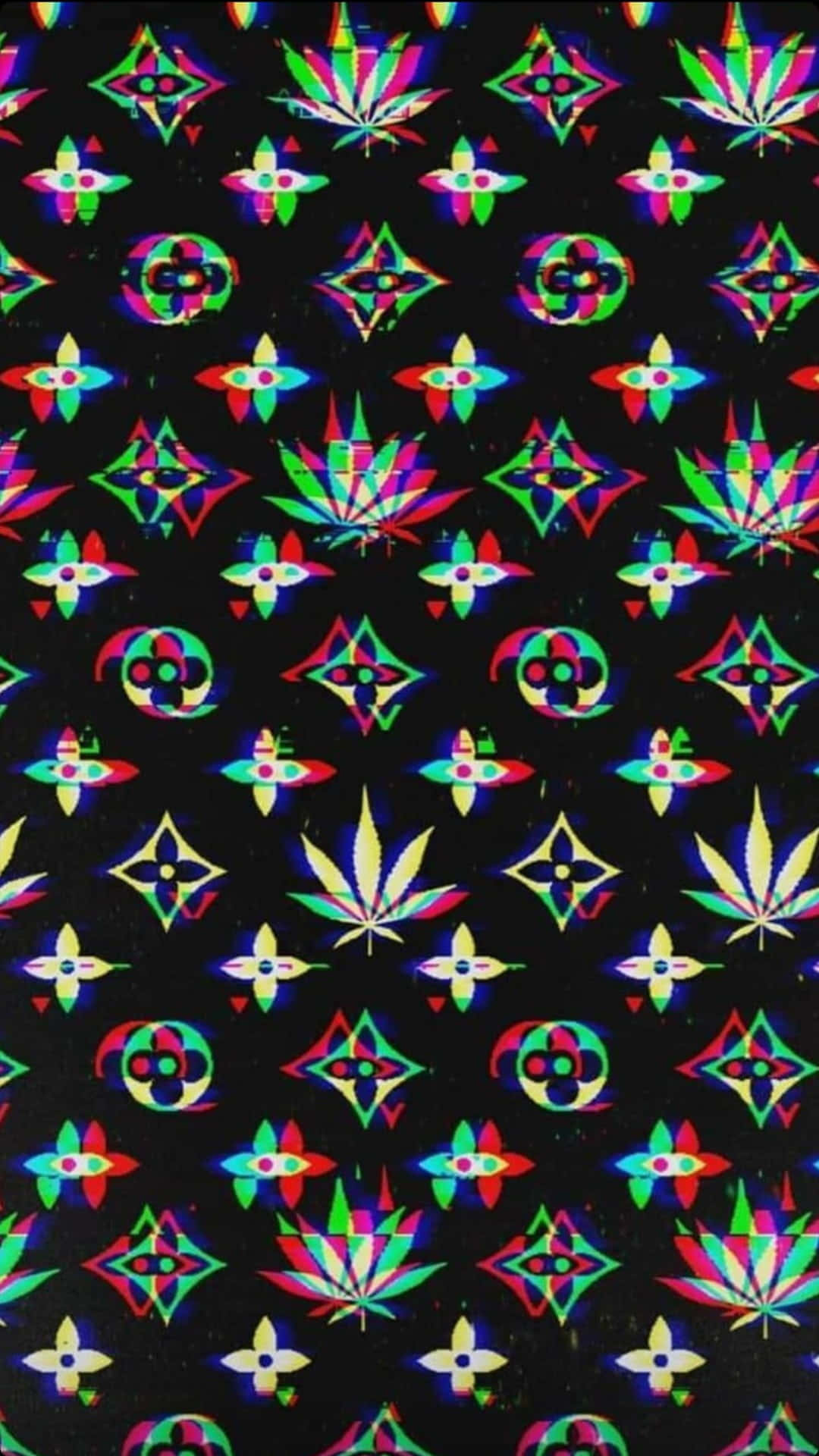 Trippy Art 桌布 壁紙 — 黑色背景上帶有色彩像差效果的大麻葉和幾何形狀的鮮豔迷幻圖案。