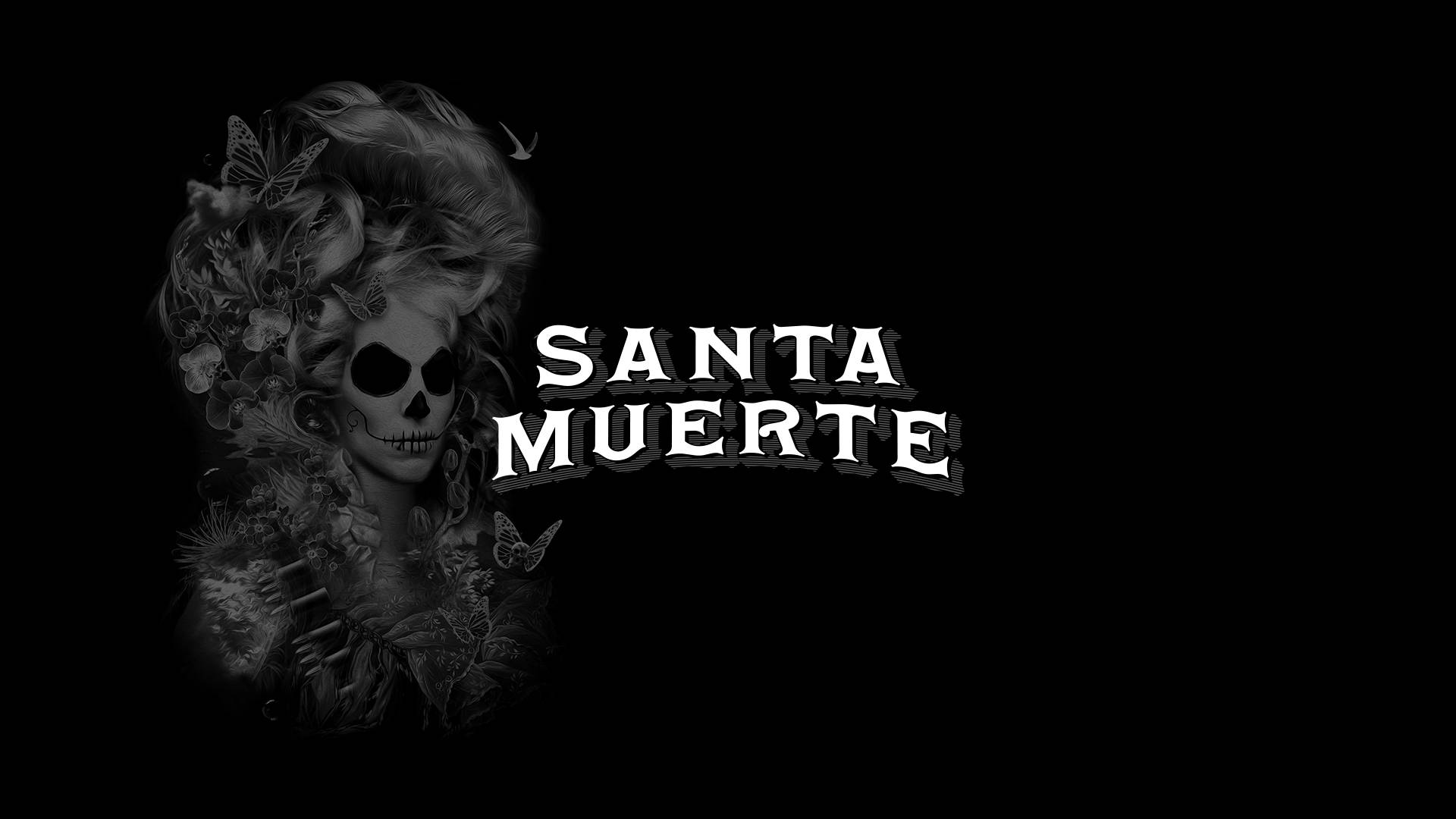 Santa Muerte 桌布 壁紙 — 黑色背景上帶有花冠和蝴蝶的聖母死亡黑白插圖。