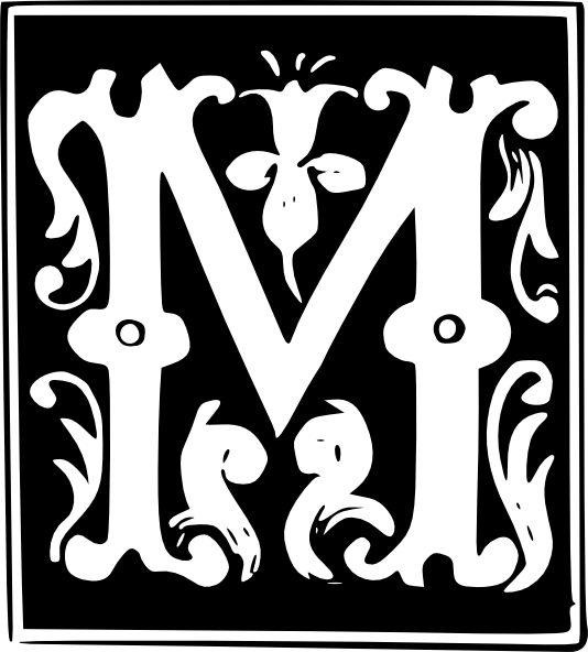 字母M 桌布 壁紙 — 黑色背景上帶有花卉裝飾的白色大寫字母M。