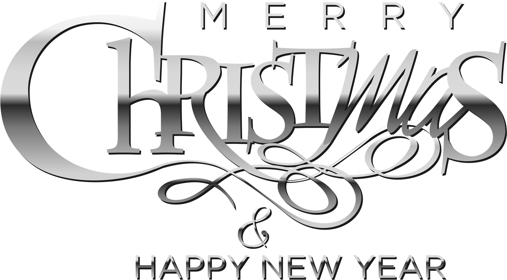 merry christmas and happy new year 桌布 壁紙 — 黑色背景上帶有華麗裝飾的優雅銀色「聖誕快樂與新年快樂」文字。