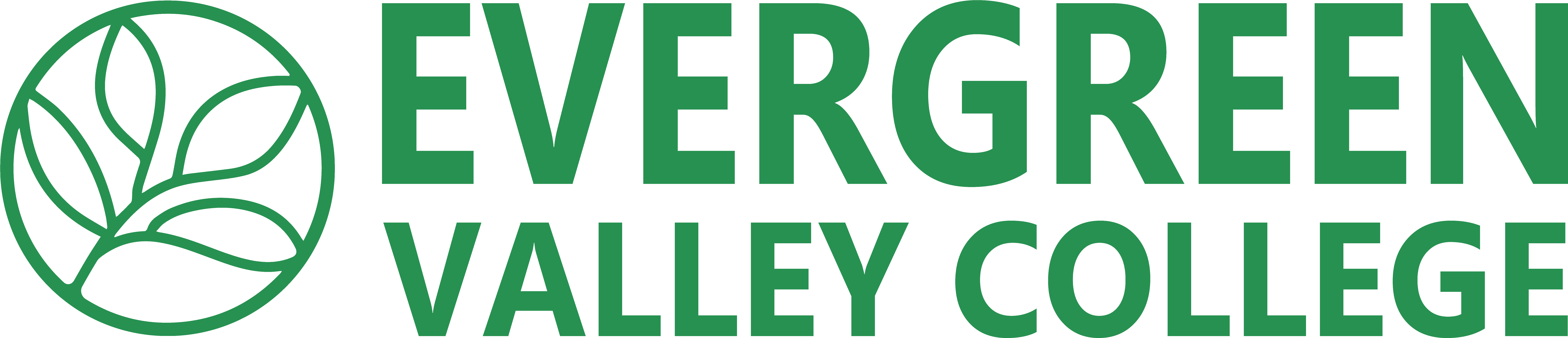 標誌 桌布 壁紙 — 黑色背景上帶有葉子標誌的 Evergreen Valley College 綠色標誌。