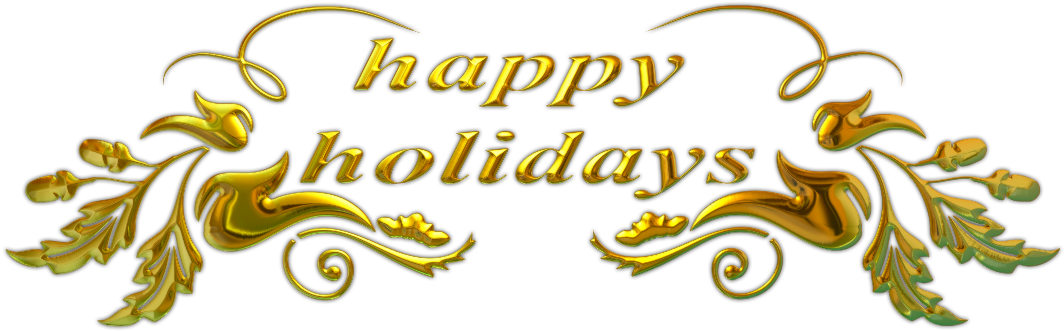 holidays 桌布 壁紙 — 黑色背景上帶有葉狀花飾的金色裝飾性「節日快樂」文字。