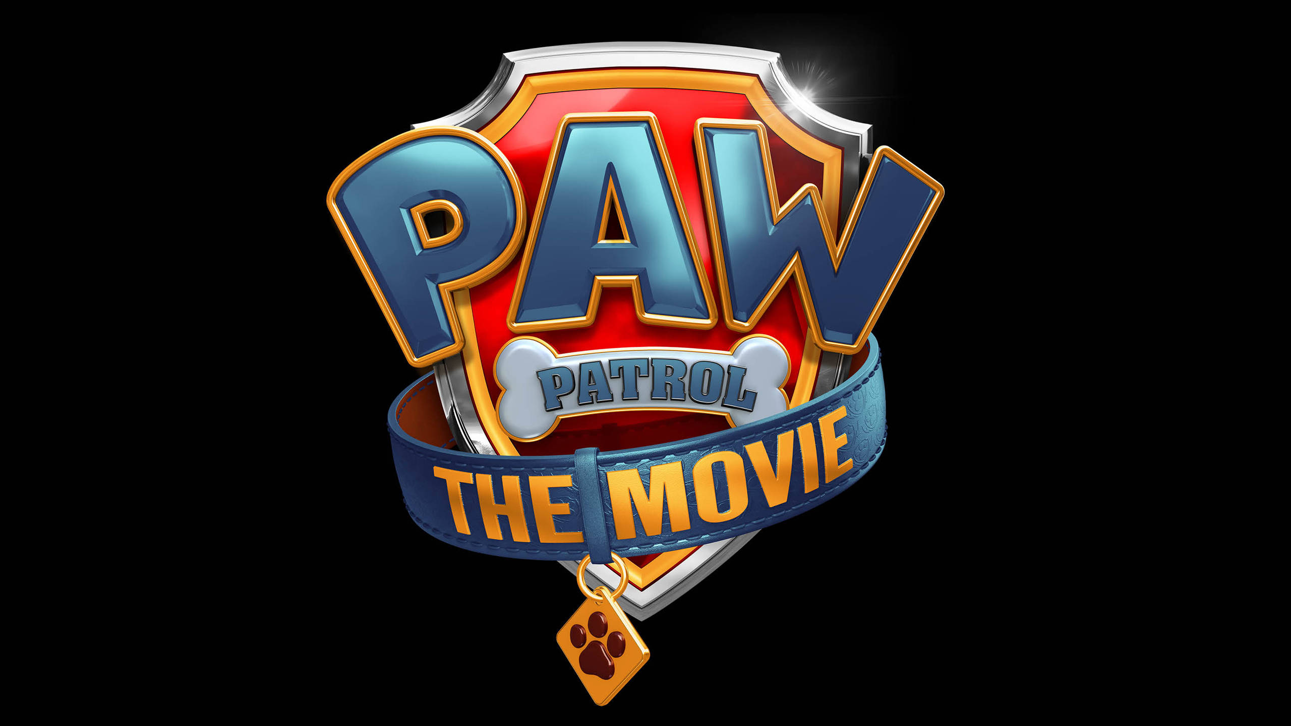Film 桌布 壁紙 — 黑色背景上帶有藍色、紅色和金色閃亮3D Paw Patrol電影標誌。