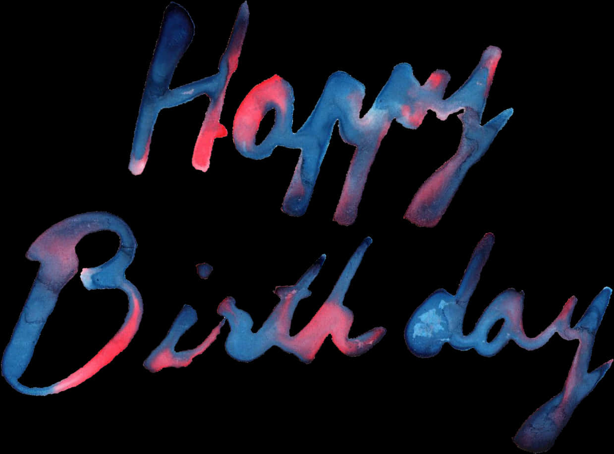 Happy Birthday Text 桌布 壁紙 — 黑色背景上帶有藍色和紅色水彩暈染的流暢草書生日快樂文字。