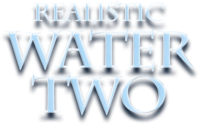 瀑布 桌布 壁紙 — 黑色背景上帶有藍色高光和陰影的粗體白色文字「REALISTIC WATER TWO」。