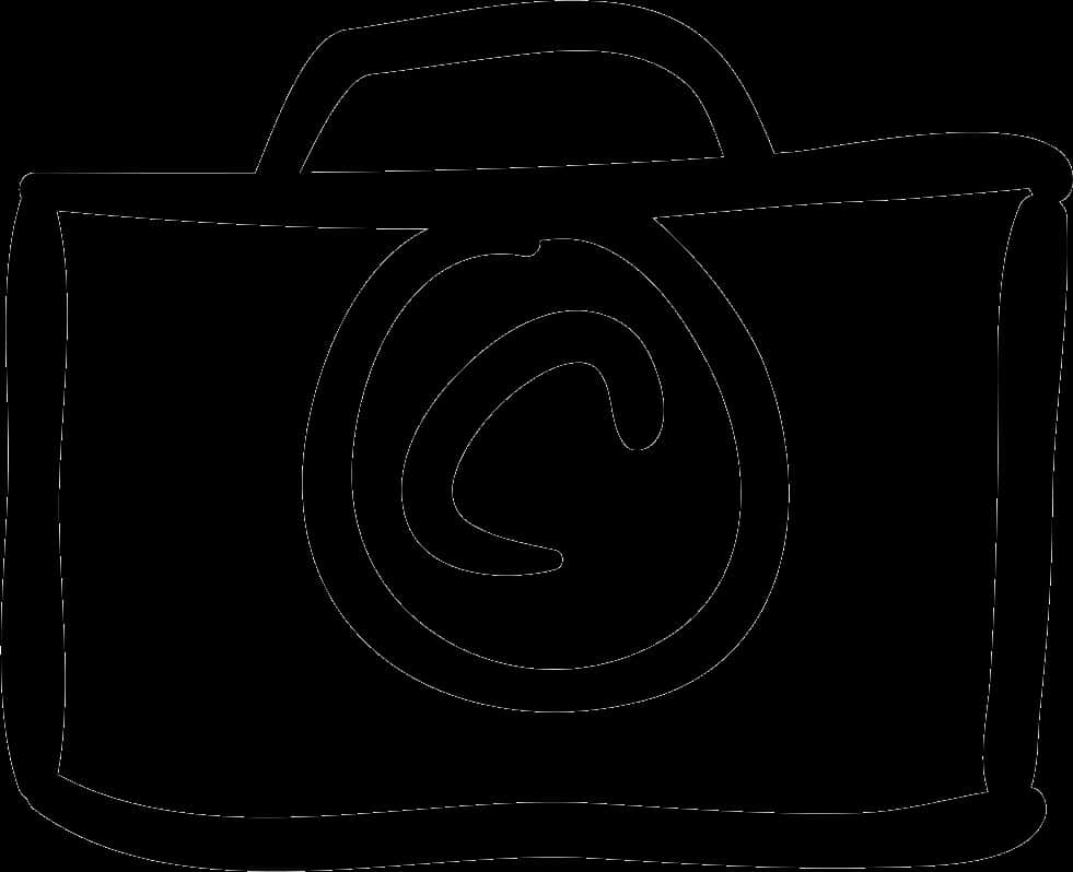 Camera Logo 桌布 壁紙 — 黑色背景上帶有螺旋鏡頭的相機的簡約白色線條畫。