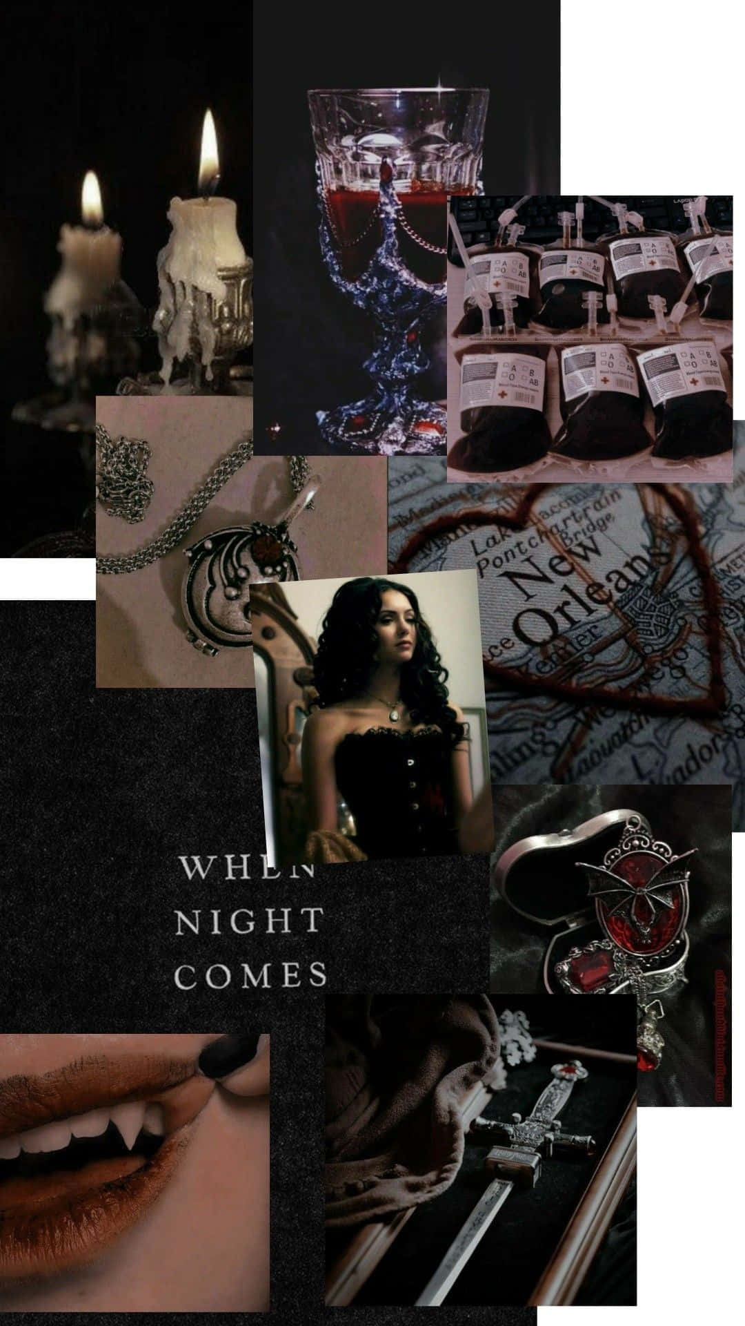 Vampire Aesthetic 桌布 壁紙 — 黑色背景上帶有蠟燭、吸血鬼尖牙、紐奧良地圖和華麗珠寶的暗黑哥德式拼貼畫。