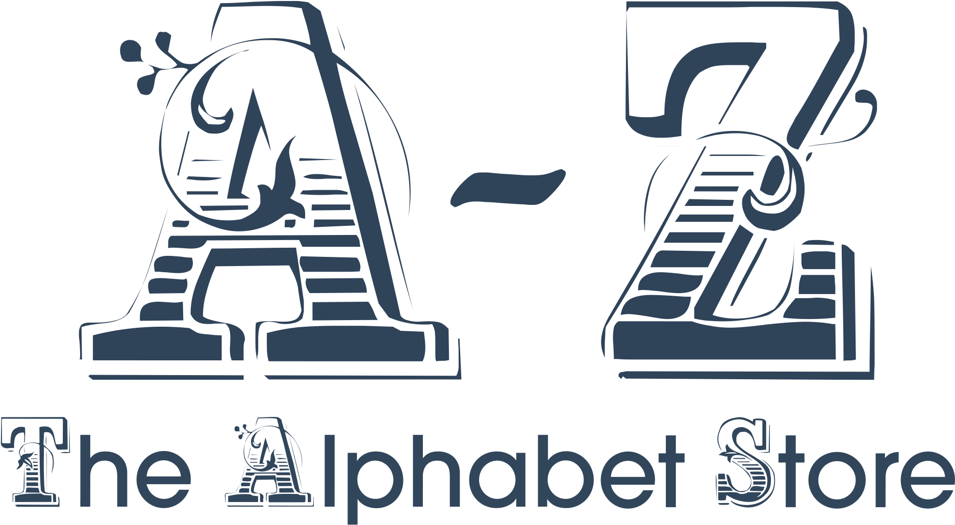 字母B 桌布 壁紙 — 黑色背景上帶有裝飾元素和文字 The Alphabet Store 的風格化深藍色 A 到 Z 標誌。