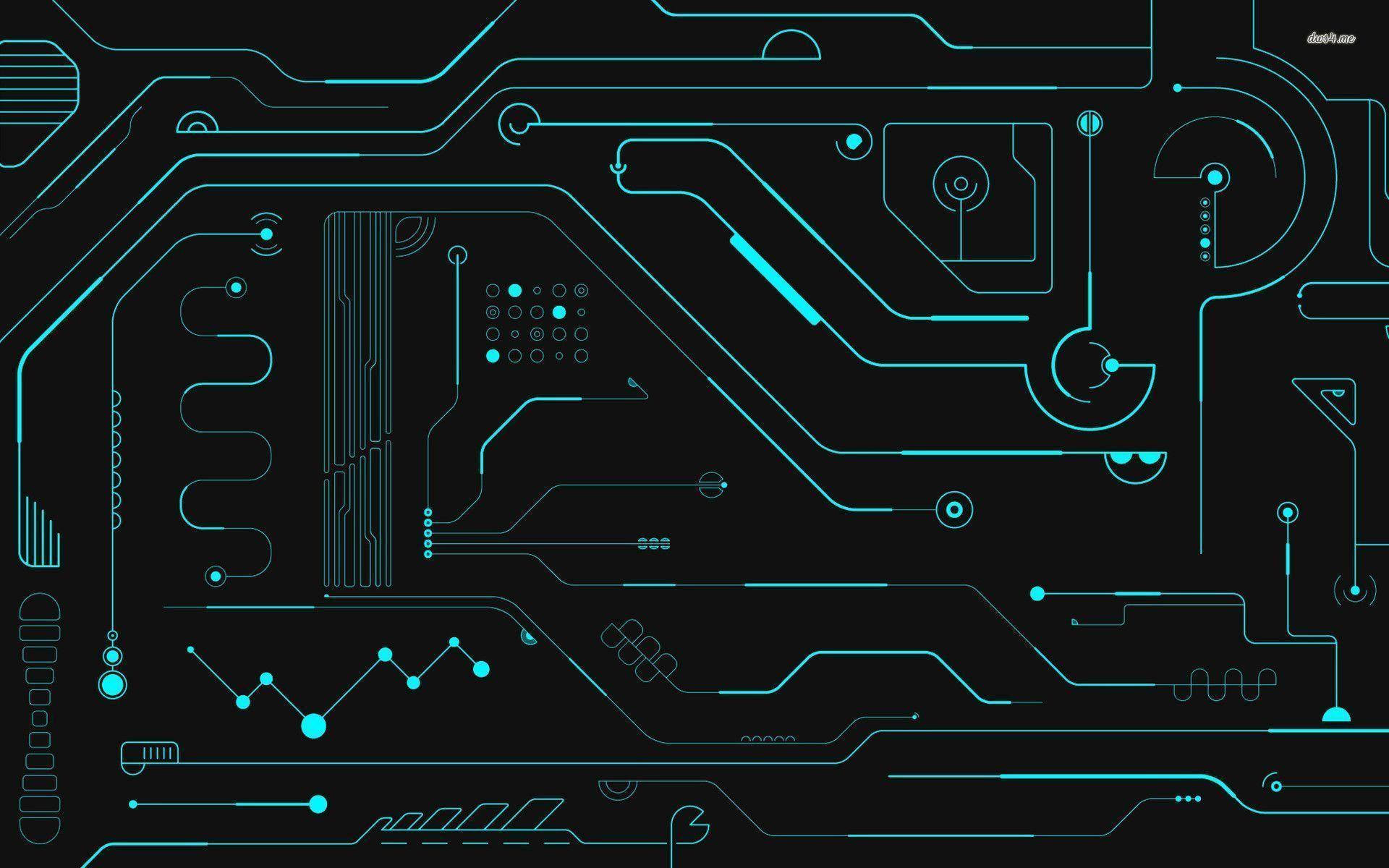 Circuit 桌布 壁紙 — 黑色背景上帶有複雜數位路徑和元件的發光青色電路板圖案。