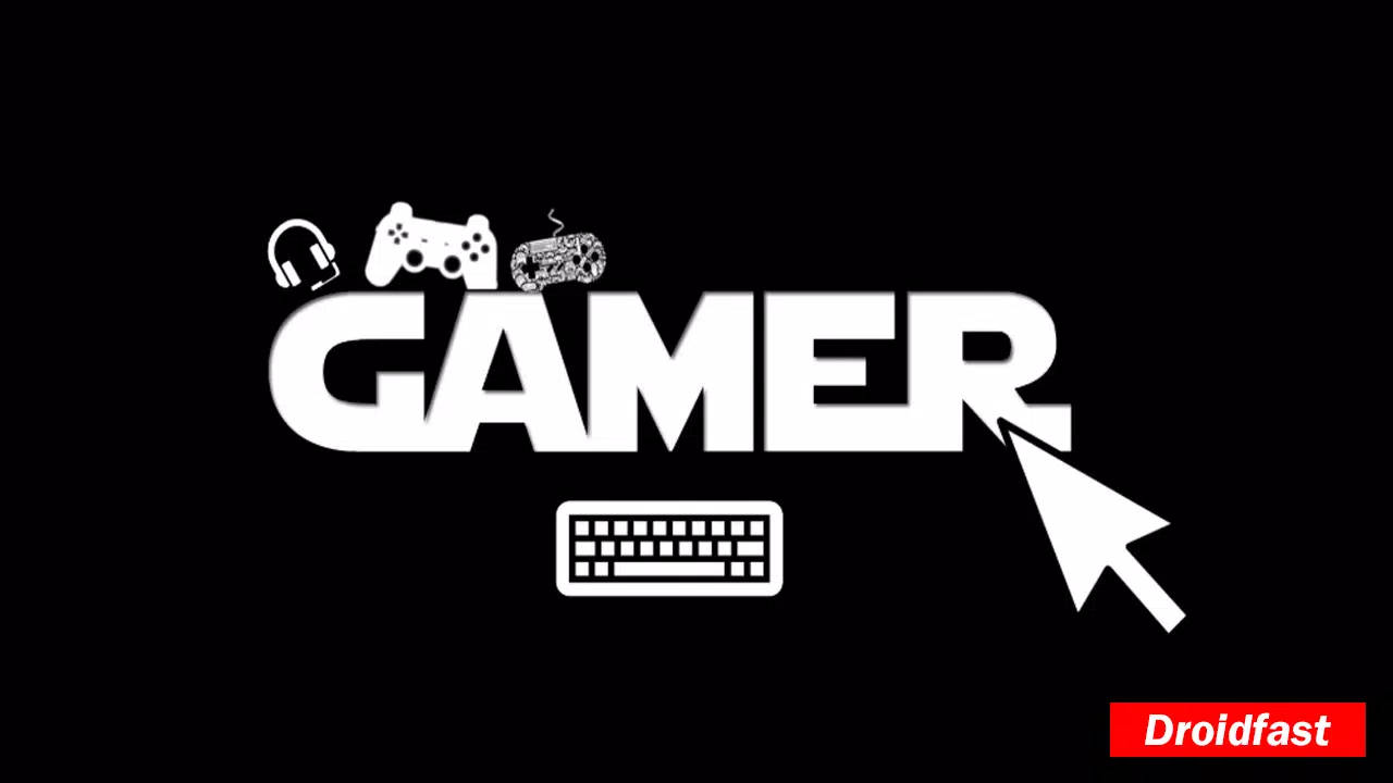 1280x720 Gaming 桌布 壁紙 — 黑色背景上帶有遊戲圖示和游標的粗體白色「GAMER」文字。