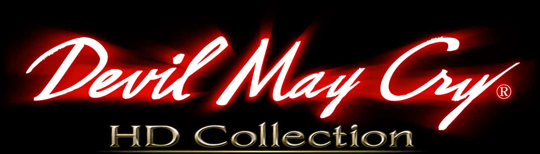 惡魔 桌布 壁紙 — 黑色背景上帶有金色HD Collection文字的發光紅色草書Devil May Cry標誌。