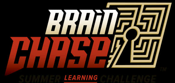 Chase Logo 桌布 壁紙 — 黑色背景上帶有金色迷宮圖示的大膽紅白「BRAIN CHASE」標誌，推廣夏季學習挑戰。