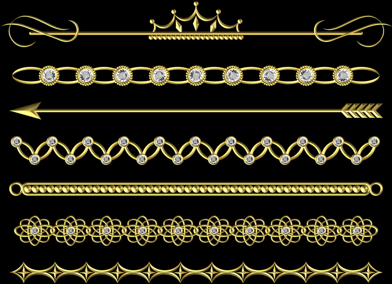 Decorative Line 桌布 壁紙 — 黑色背景上帶有鑽石和皇冠的優雅金色裝飾邊框。