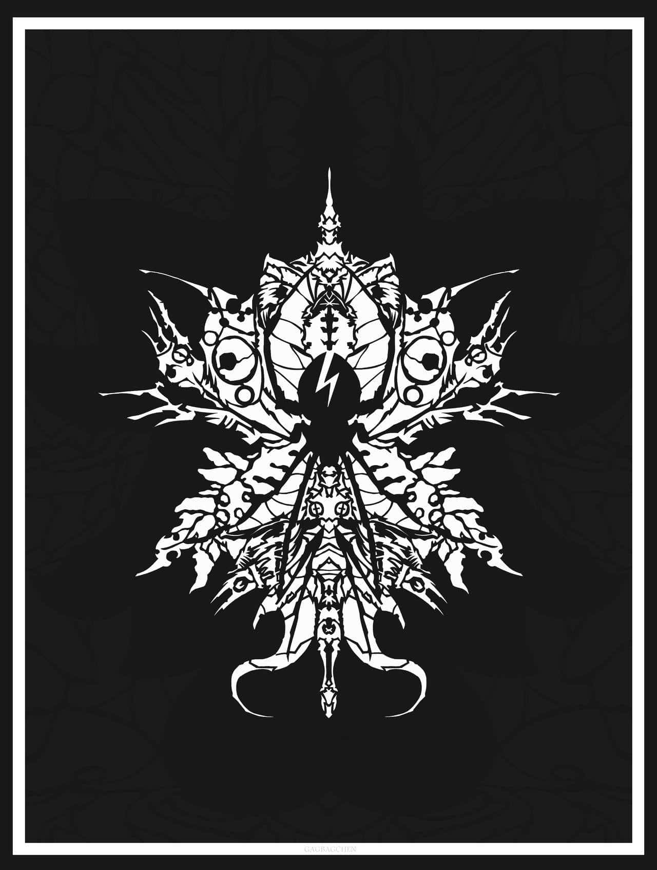 my chemical romance 桌布 壁紙 — 黑色背景上帶有閃電和眼睛圖案的鮮明白色複雜對稱徽章。