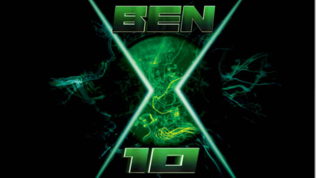Ben 10 桌布 壁紙 — 黑色背景上帶有電能爆發的綠色發光「BEN 10」標誌。
