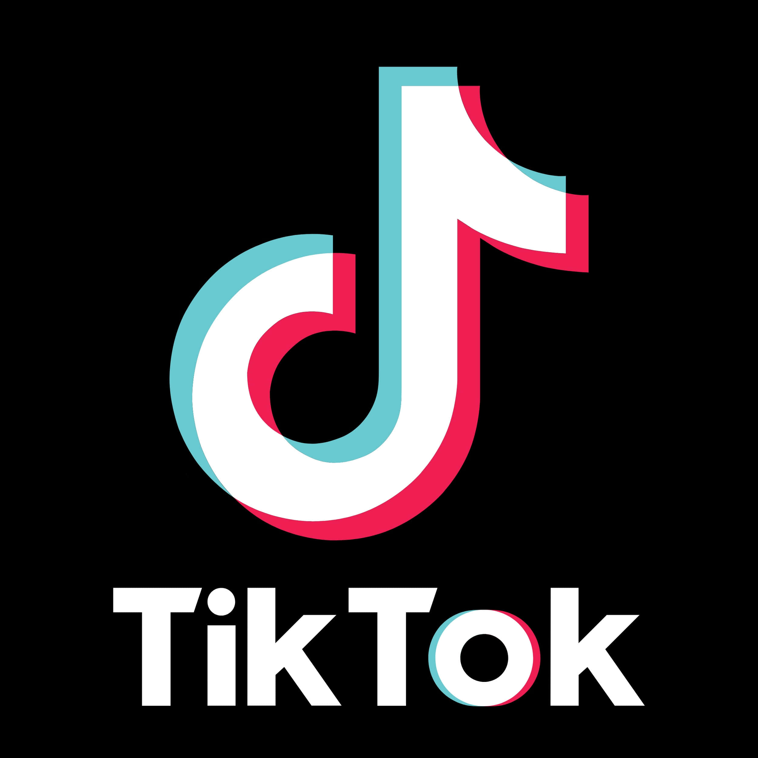 TikTok 動圖 桌布 壁紙 — 黑色背景上帶有青綠色、粉紅色和白色音符的TikTok標誌。