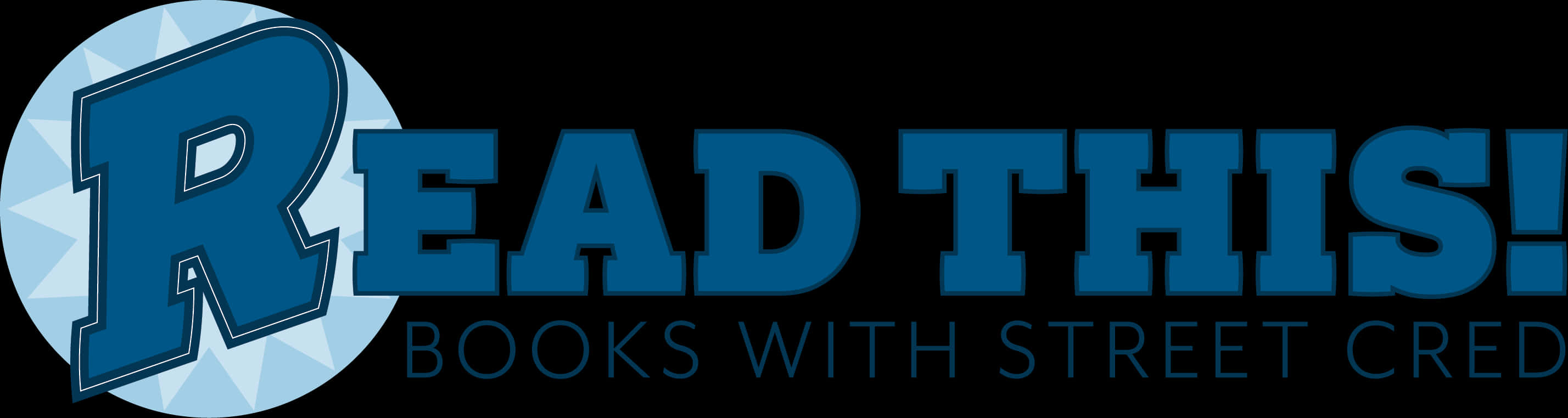 疼痛 桌布 壁紙 — 黑色背景上帶有風格化R和文字READ THIS! Books with Street Cred的大膽藍色標誌。