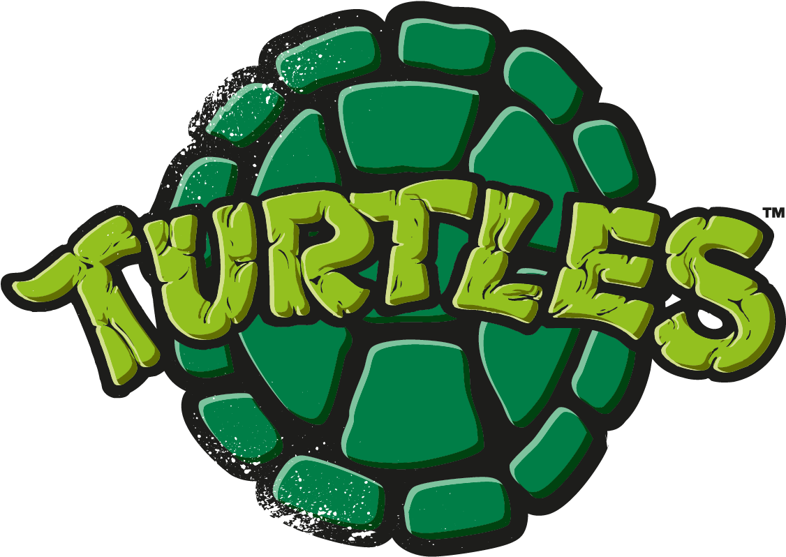 忍者 桌布 壁紙 — 黑色背景上帶有風格化龜殼圖案的鮮綠色 'TURTLES' 標誌。