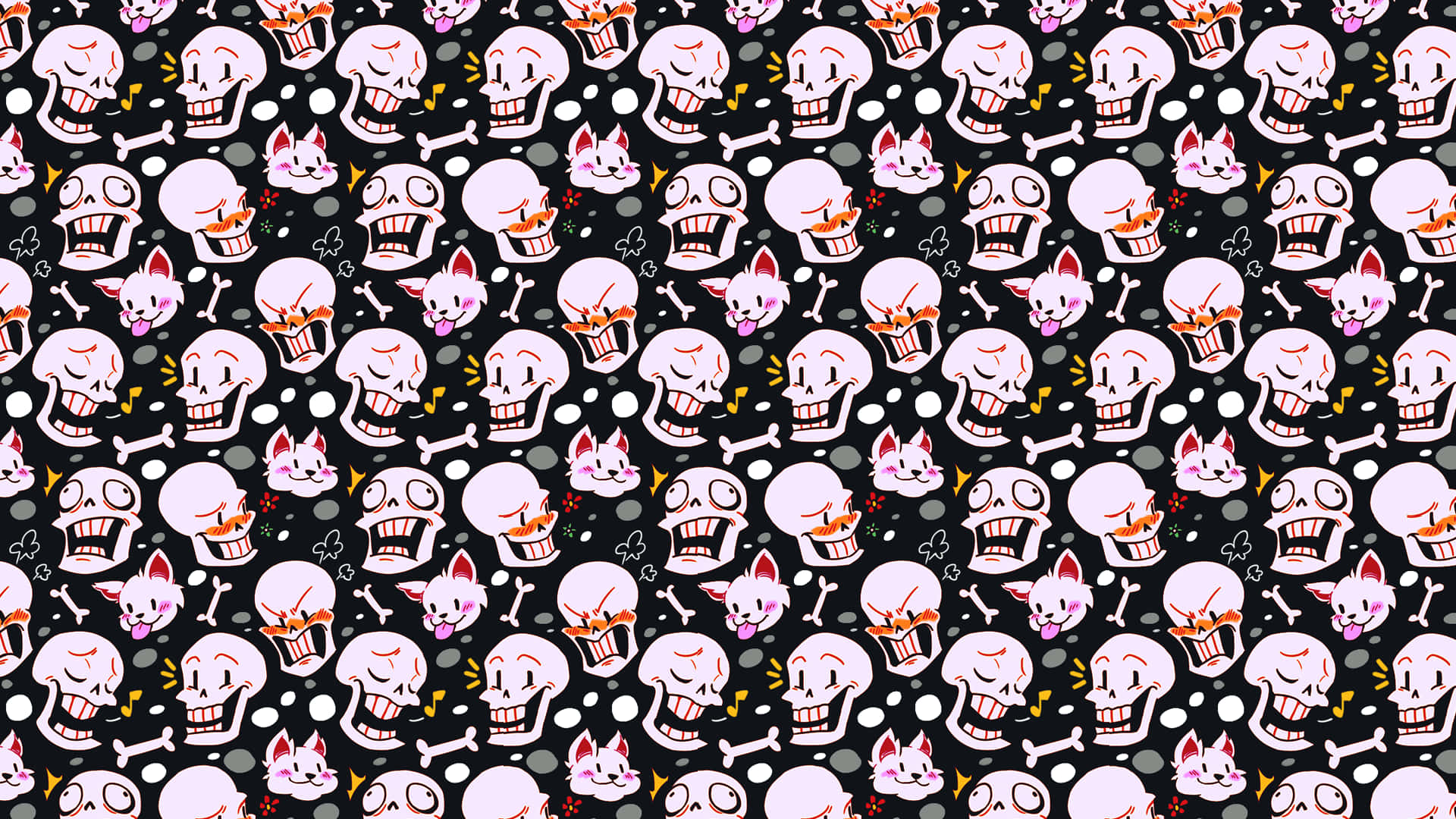 Undertale Desktop 桌布 壁紙 — 黑色背景上帶有骨頭的卡通骷髏和貓臉的重複圖案。