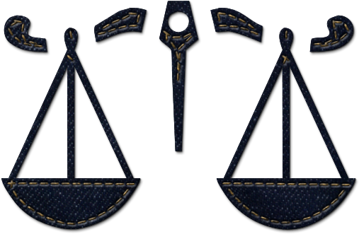 Scales 桌布 壁紙 — 黑色背景上帶有黃色縫線的刺繡牛仔布正義天平。