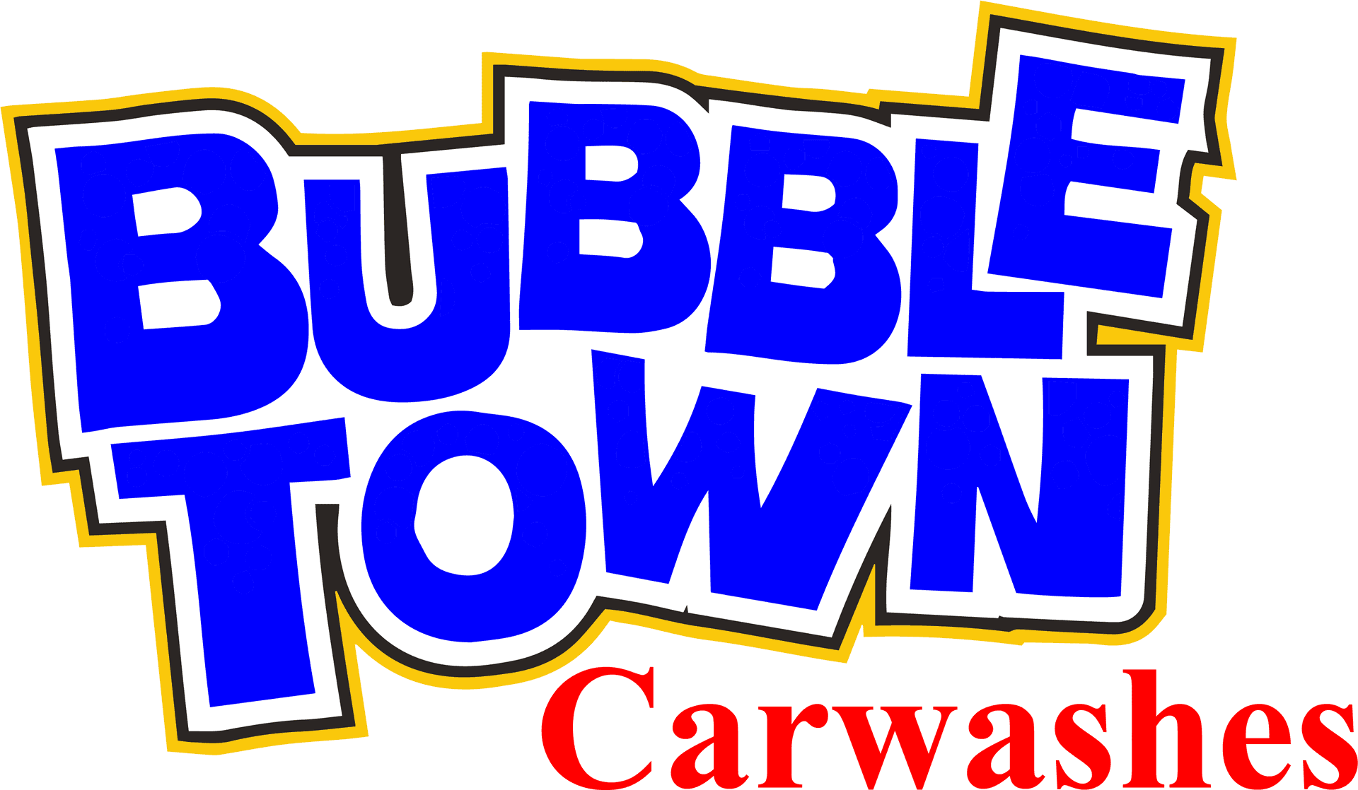 洗車 桌布 壁紙 — 黑色背景上帶有黃色輪廓的醒目藍色和紅色「Bubble Town Carwashes」標誌。