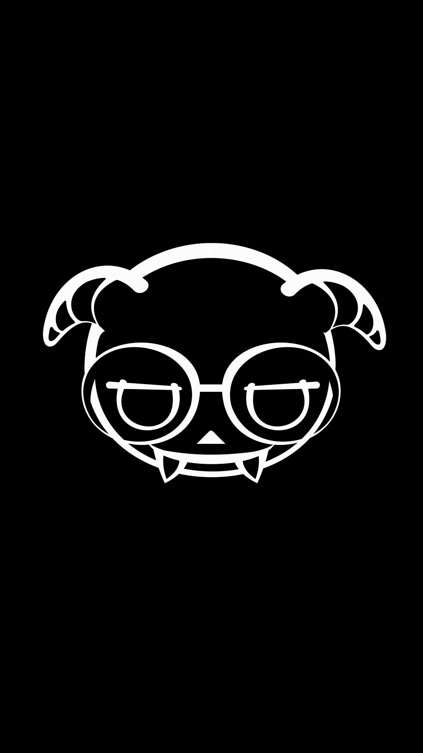 dokkaebi rainbow six siege 桌布 壁紙 — 黑色背景上戴眼鏡和角的可愛卡通惡魔的極簡白色線條畫。