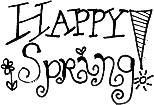 春天 桌布 壁紙 — 黑色背景上手繪的流暢字體「Happy Spring」文字，搭配裝飾花朵和橫幅。