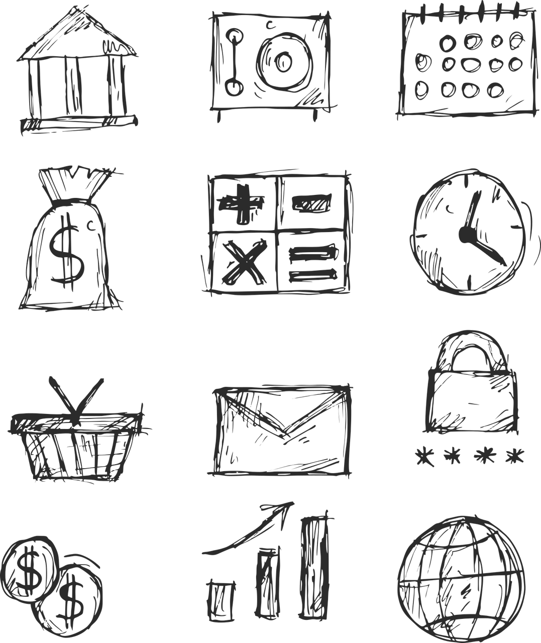 金融 桌布 壁紙 — 黑色背景上手繪粉筆風格圖示描繪金融、商業和數位概念，如金錢、時鐘和地球儀。