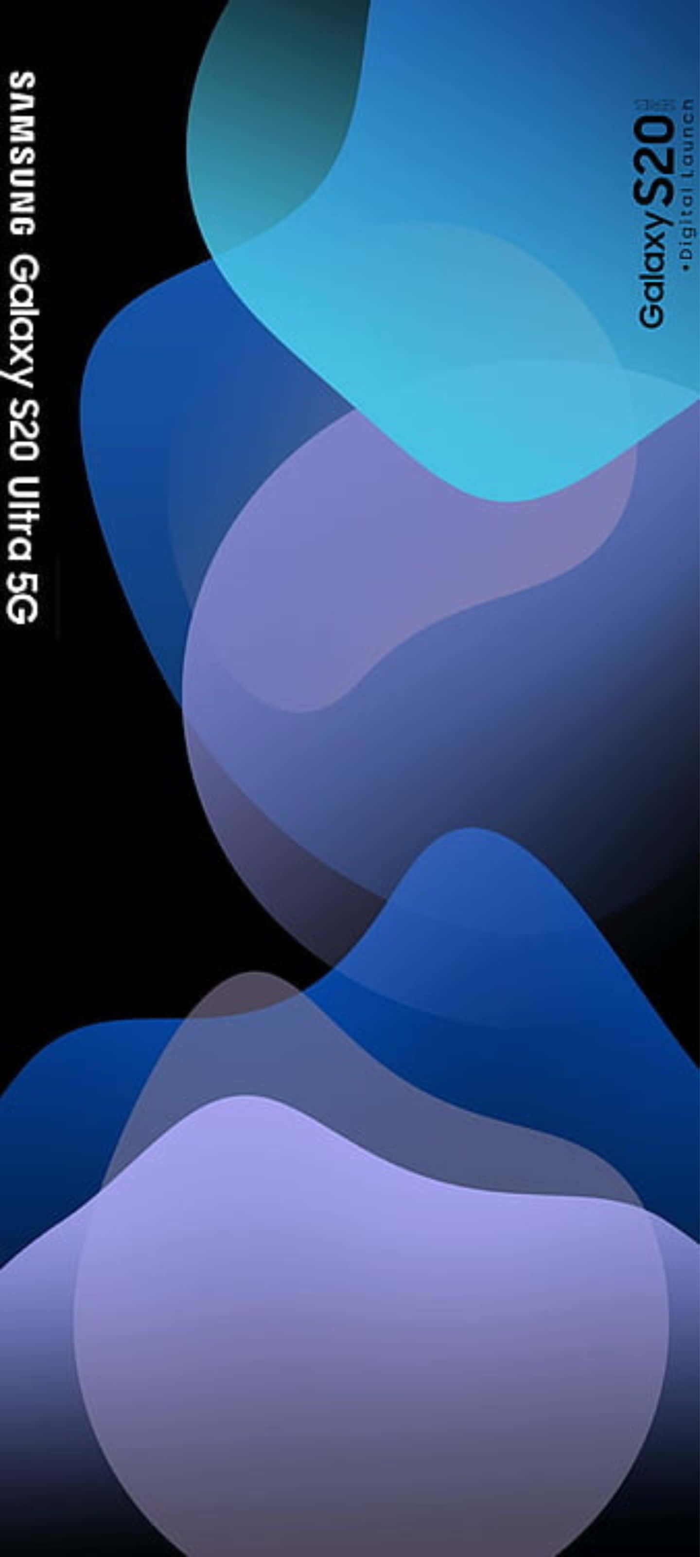 Samsung S20 桌布 壁紙 — 黑色背景上抽象流動的藍色形狀，帶有Samsung Galaxy S20 Ultra 5G品牌標識。
