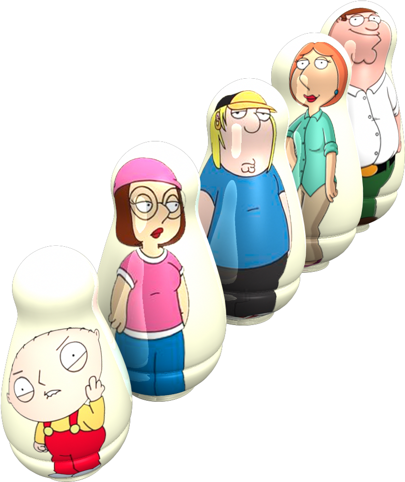 蓋酷家庭 桌布 壁紙 — 黑色背景上描繪的 Family Guy 角色，呈現為嵌套的俄羅斯套娃。