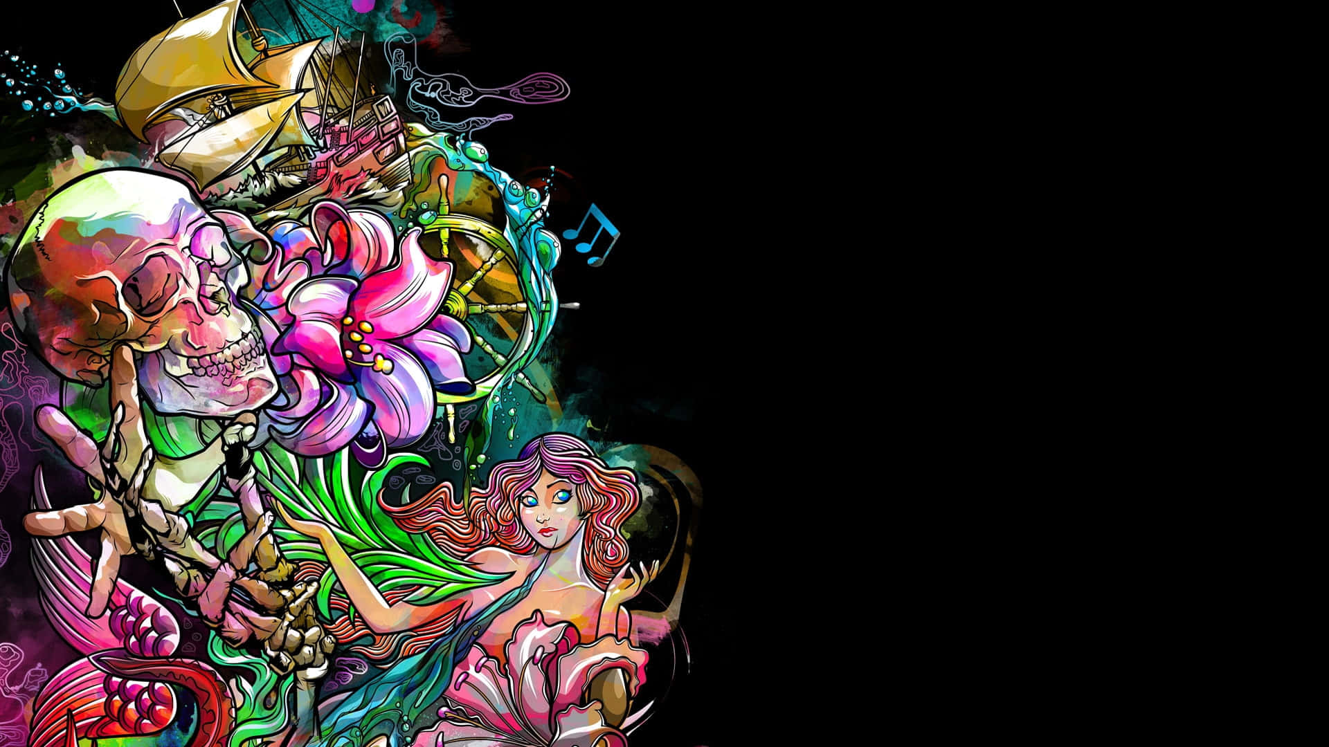 美人魚 桌布 壁紙 — 黑色背景上描繪頭骨、美人魚、船和花朵的鮮豔數位藝術作品。