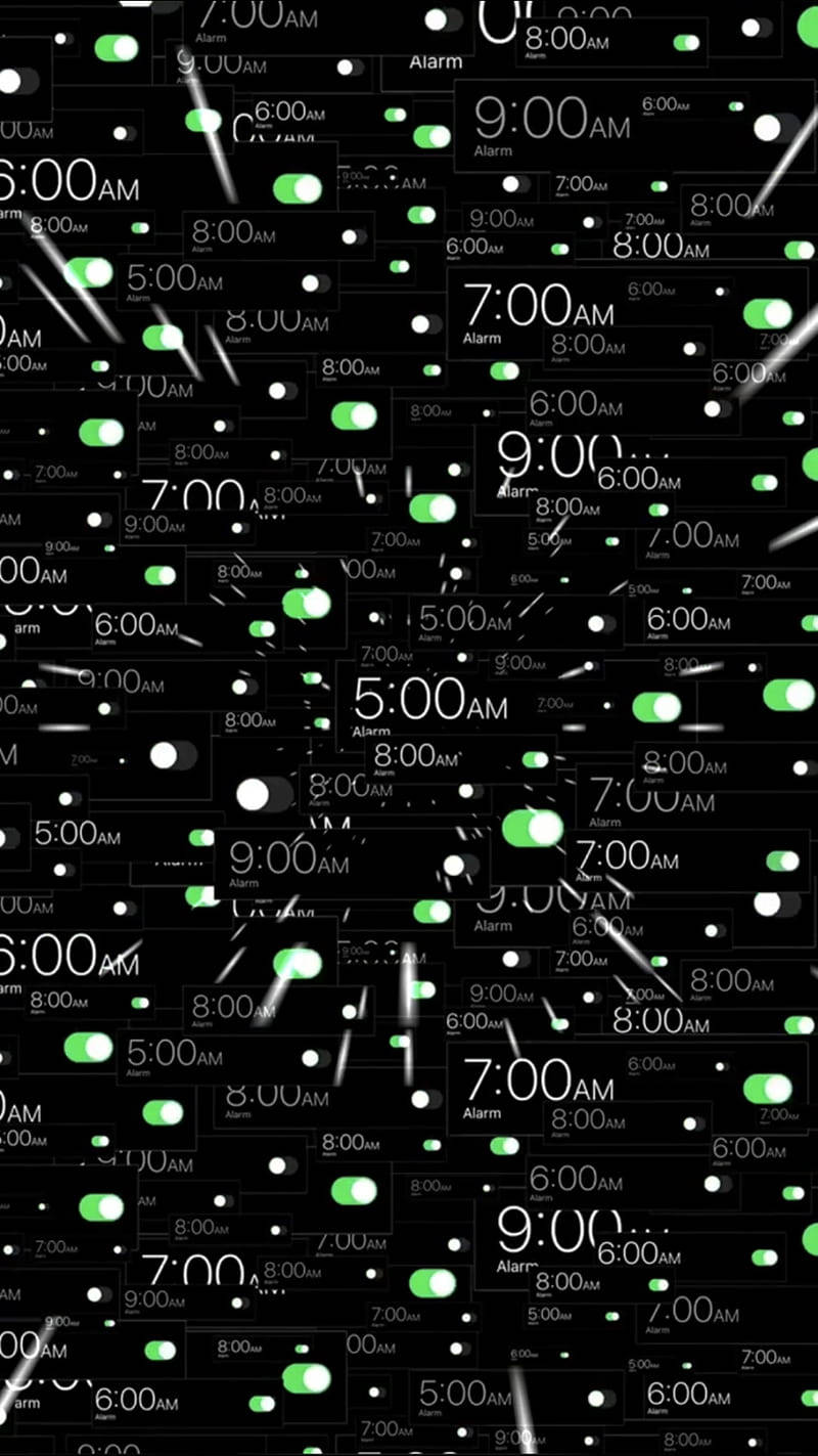 Digital 桌布 壁紙 — 黑色背景上散落著帶有綠色發光切換鍵和時間顯示的數位鬧鐘。