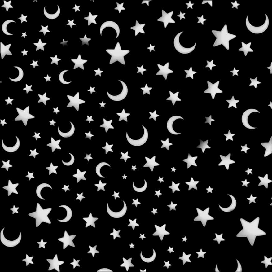 星星 桌布 壁紙 — 黑色背景上散落著白色星星和彎月，形成天體圖案。