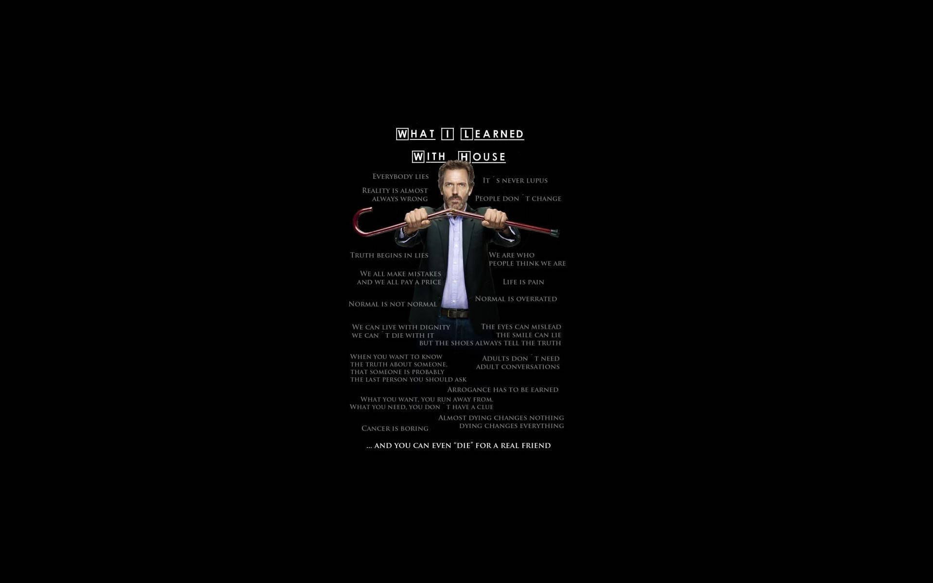 Md 桌布 壁紙 — 黑色背景上有一個中央肖像，是《怪醫豪斯》手持拐杖，周圍以白色文字顯示劇集語錄。