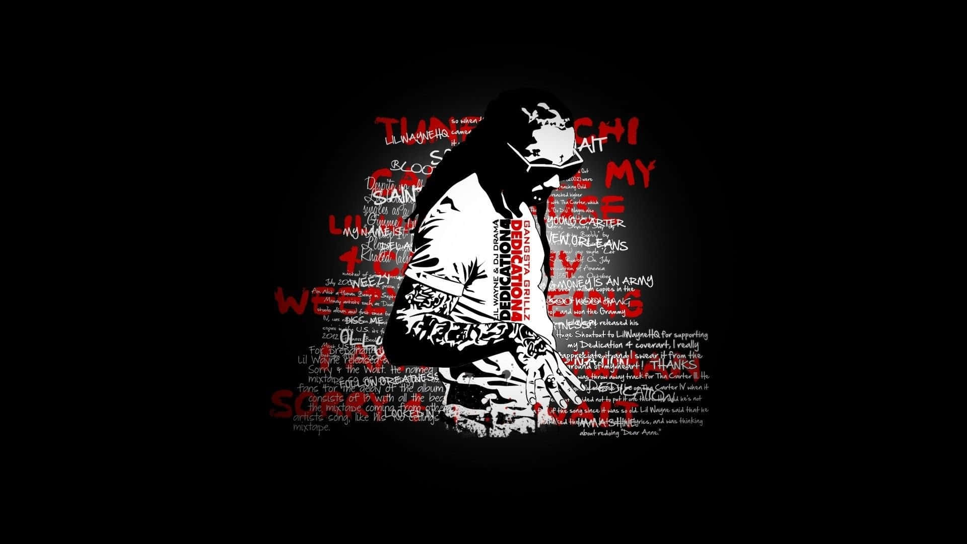 Lil Wayne 桌布 壁紙 — 黑色背景上有一個持槍人物的白色剪影，周圍環繞著紅色文字碎片。