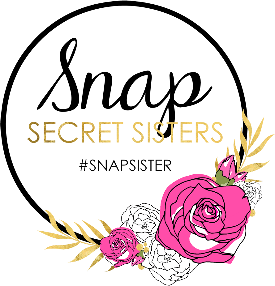 Snapchat 桌布 壁紙 — 黑色背景上有一個白色圓圈，內有文字 'Snap Secret Sisters' 和帶金色葉子的粉白色玫瑰。