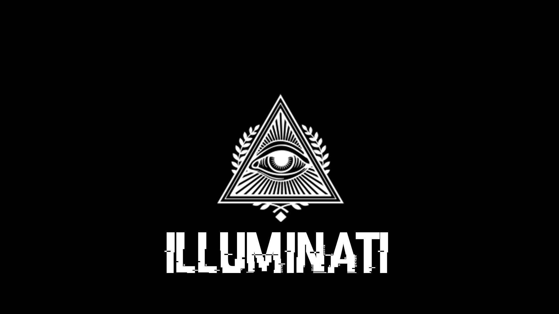 illuminati 桌布 壁紙 — 黑色背景上有一個白色的全視之眼，位於三角形內，兩側有月桂花環，下方有「ILLUMINATI」字樣。