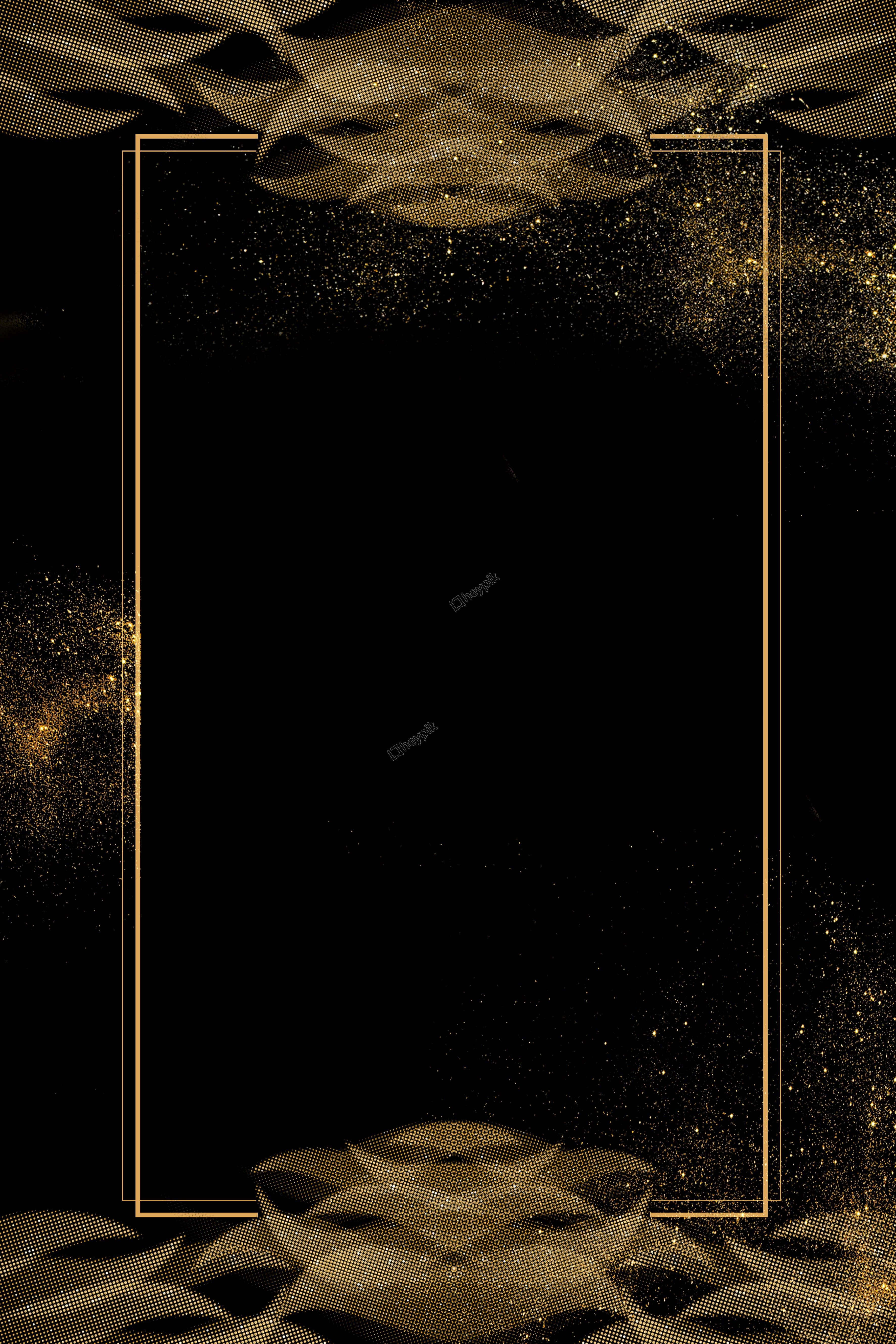Elegant Gold 桌布 壁紙 — 黑色背景上有一個金色幾何框架，周圍環繞著閃爍的金色粒子和半色調圖案。