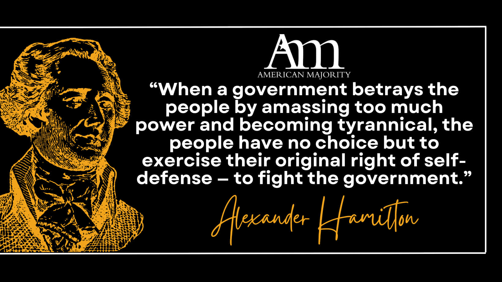 Alexander Hamilton 桌布 壁紙 — 黑色背景上有一個金色蝕刻的亞歷山大·漢密爾頓肖像，以及他的白色和金色文字引言。