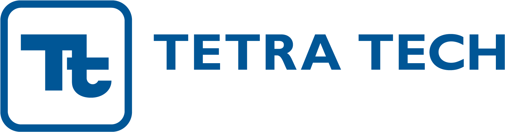 tech 桌布 壁紙 — 黑色背景上正方形內帶有風格化Tt圖示的藍色Tetra Tech標誌。