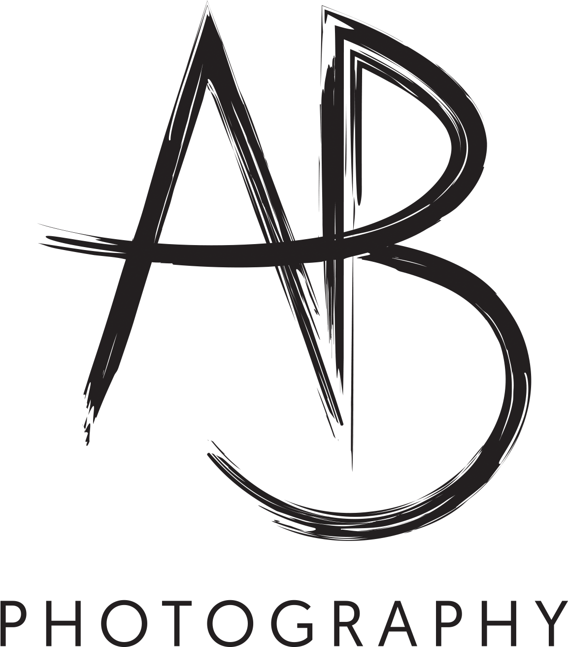 Logo Design 桌布 壁紙 — 黑色背景上深灰色的粗獷筆觸字母組合AB，下方有「PHOTOGRAPHY」文字。