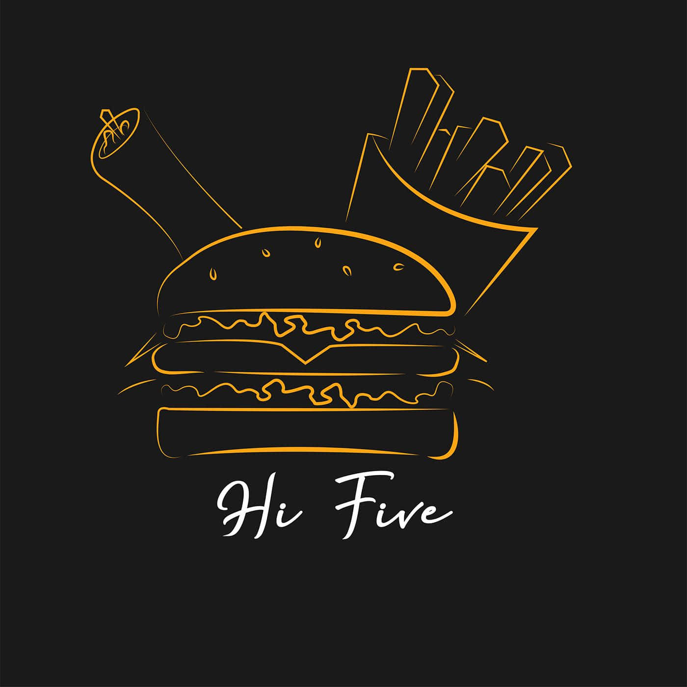 Minimalist Logo 桌布 壁紙 — 黑色背景上漢堡、薯條和汽水的金色輪廓，帶有 'Hi Five' 文字。